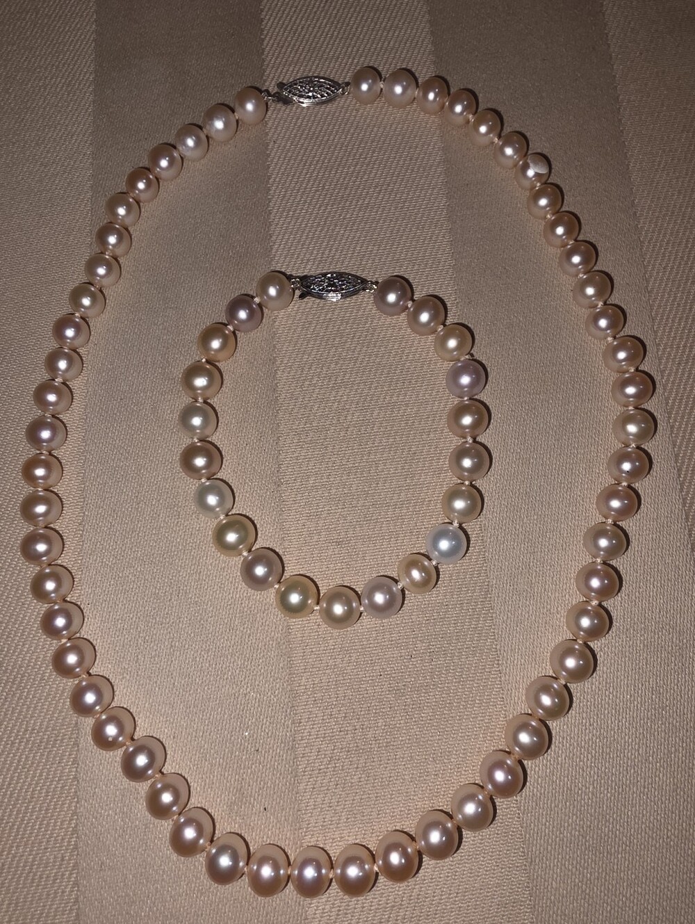 SALTWATER PINK CULTURED PEARLS SET BRACELET 7.5 IN NECKLACE 17 IN 925 CLASPS